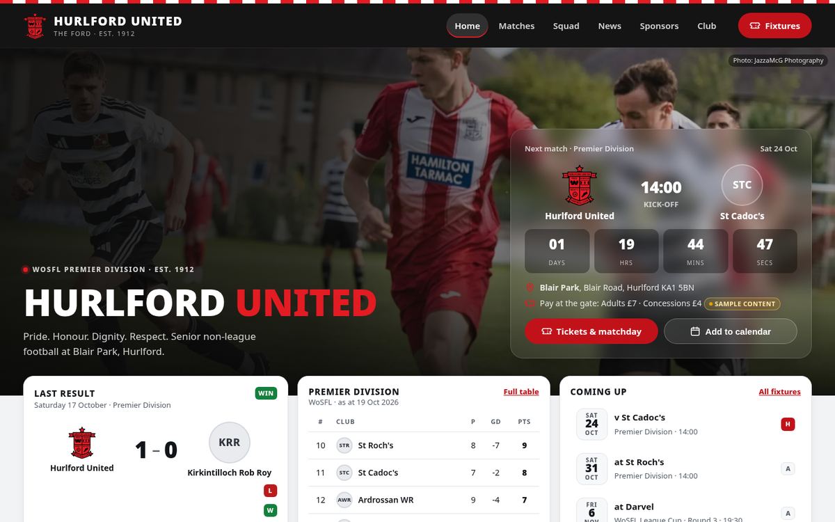 Hurlford United FC home page on sport-site: next match card with countdown, last result, league table and fixtures