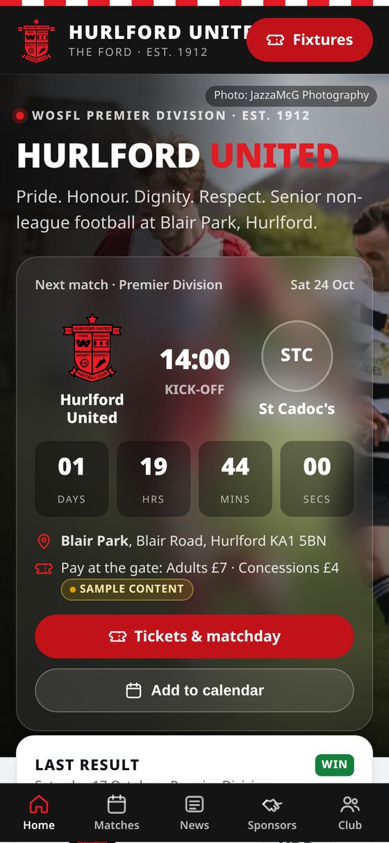 The same Hurlford United page on a phone